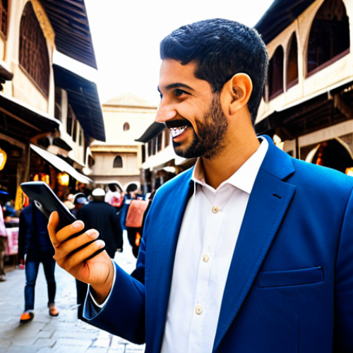 Home 18 A professional male tour guide with a Middle-Eastern appearance, wearing a modest business casual outfit of a blazer over a collared shirt. He stands in a vibrant, bustling historic souk, holding a smartphone that displays cultural information, while gently gesturing as if engaging with an unseen online audience or a small group of tourists. The background features traditional market architecture, colorful textiles, and soft, natural lighting, creating an inviting and educational atmosphere. Professional photography, high resolution, perfect anatomy, correct proportions, natural pose, well-formed hands, proper finger count, natural body proportions, fully clothed, appropriate attire, safe for work, appropriate content, family-friendly.