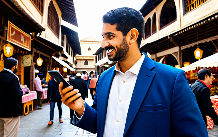 A professional male tour guide with a Middle-Eastern appearance, wearing a modest business casual outfit of a blazer over a collared shirt. He stands in a vibrant, bustling historic souk, holding a smartphone that displays cultural information, while gently gesturing as if engaging with an unseen online audience or a small group of tourists. The background features traditional market architecture, colorful textiles, and soft, natural lighting, creating an inviting and educational atmosphere. Professional photography, high resolution, perfect anatomy, correct proportions, natural pose, well-formed hands, proper finger count, natural body proportions, fully clothed, appropriate attire, safe for work, appropriate content, family-friendly.