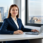 **

A professional businesswoman in a modern office environment, sitting at her desk, fully clothed in a modest business suit. The background features a cityscape view through a large window.  Safe for work, appropriate content, perfect anatomy, natural proportions, professional photography, high quality, family-friendly.

**