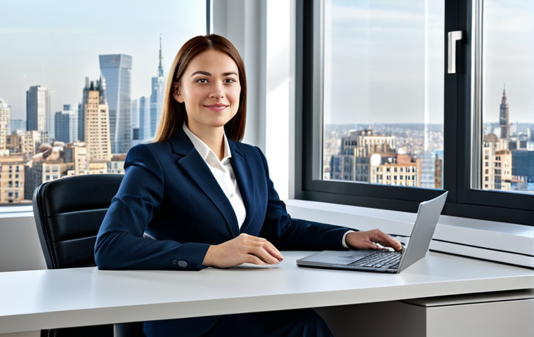**

A professional businesswoman in a modern office environment, sitting at her desk, fully clothed in a modest business suit. The background features a cityscape view through a large window.  Safe for work, appropriate content, perfect anatomy, natural proportions, professional photography, high quality, family-friendly.

**
