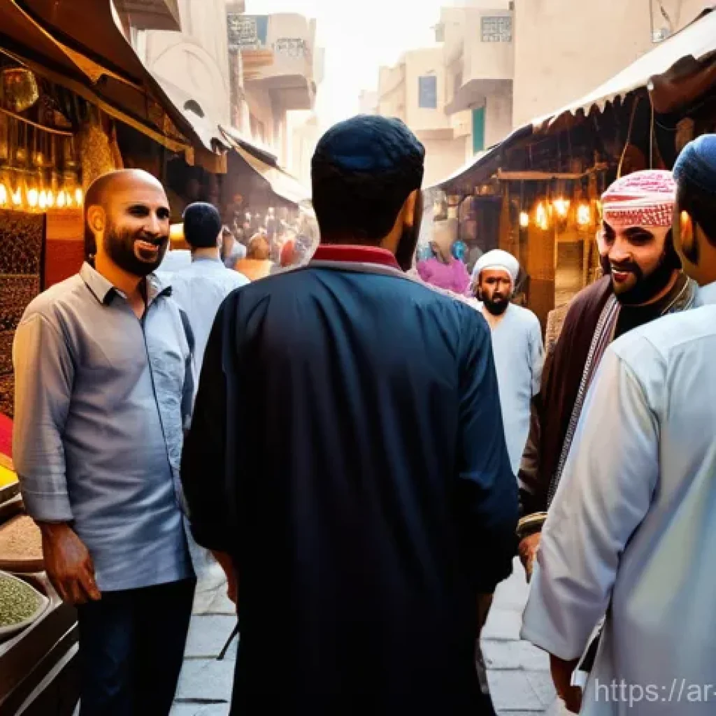 관광통역안내사로서 필요한 IT 기술 - **Prompt:** "A vibrant scene in a bustling, traditional Arab souk (market). A friendly male Arab tou...