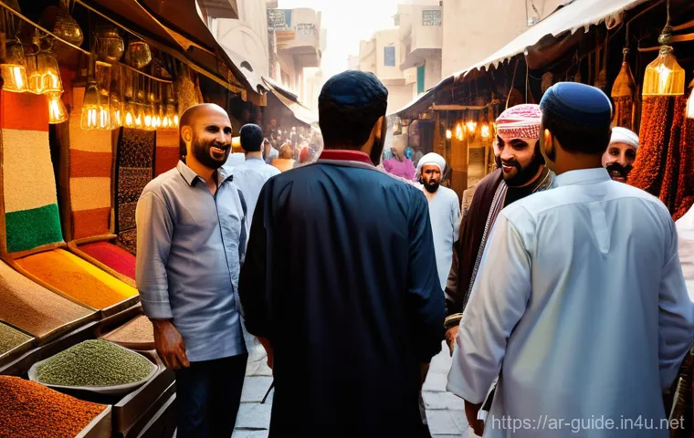 관광통역안내사로서 필요한 IT 기술 - **Prompt:** "A vibrant scene in a bustling, traditional Arab souk (market). A friendly male Arab tou...