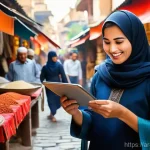 관광통역안내사로서 온라인 강의 활용법 - **Prompt:** A dynamic and friendly female Arab tour guide, dressed in professional yet culturally se...