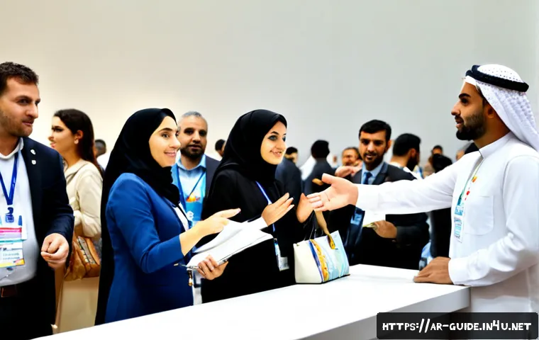 관광통역안내사 국제 행사의 역할 - Photorealistic international cultural conference in a modern Gulf convention hall, a professional Ar...